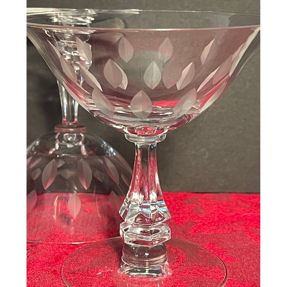 Vintage Tiffin-Franciscan Etched Crystal Coupe Glasses Set of 4 Faceted Stem MCM
